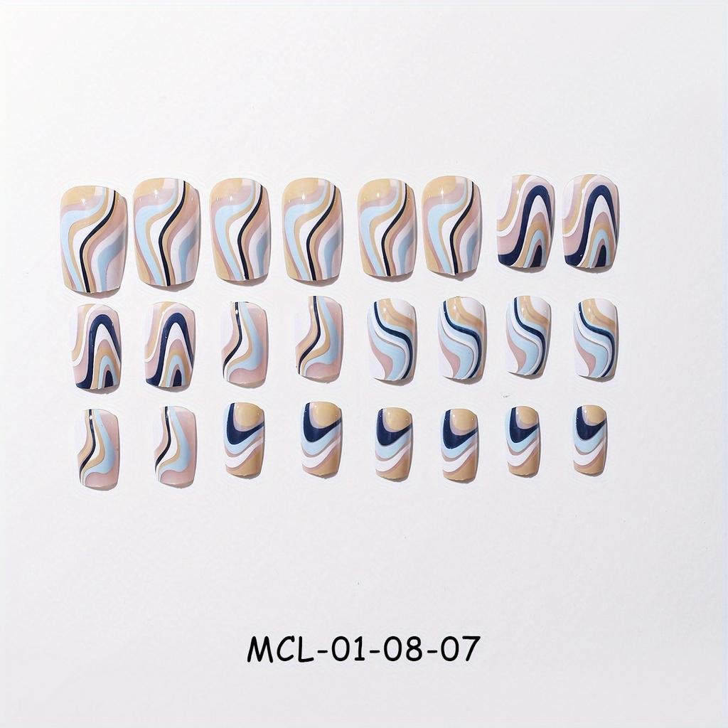 24pcs Blue Press On Nails Square Fake Nails Spring Summer Blue White Stripe Wave Design Short Full Cover Nails Stick On Nails For Women