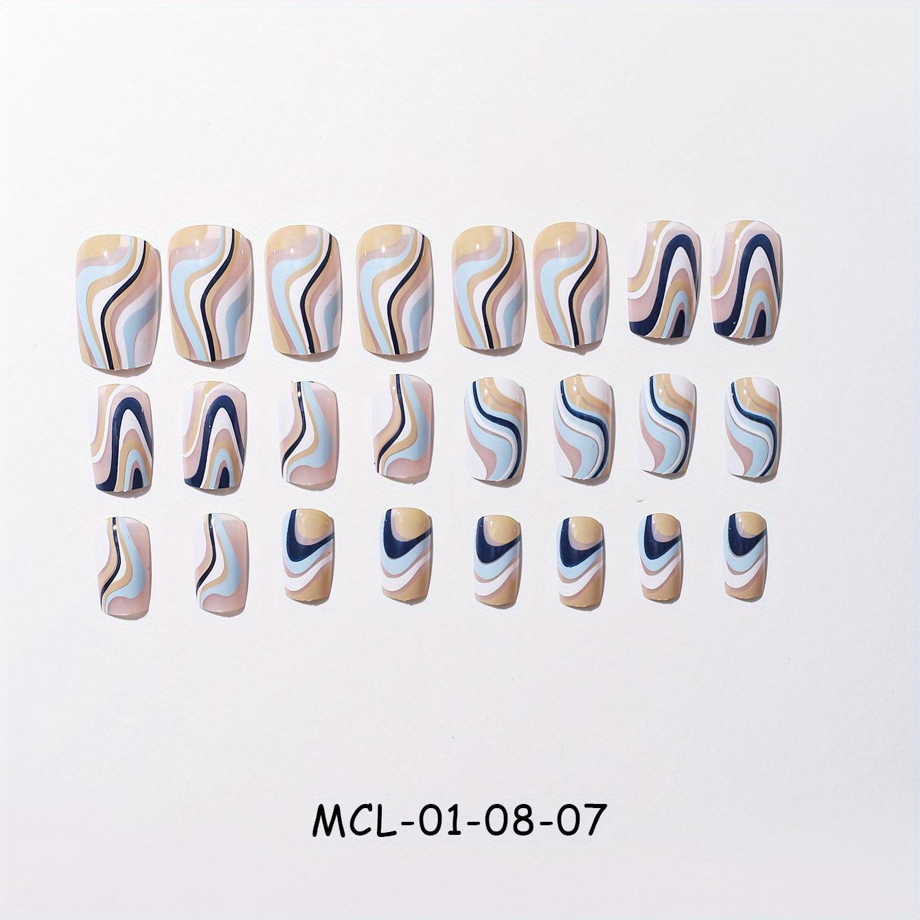 

24 шт. синие накладные ногти квадратные накладные ногти весна лето синие белые полосатые волнистые короткие ногти с полным покрытием накладные ногти для женщин