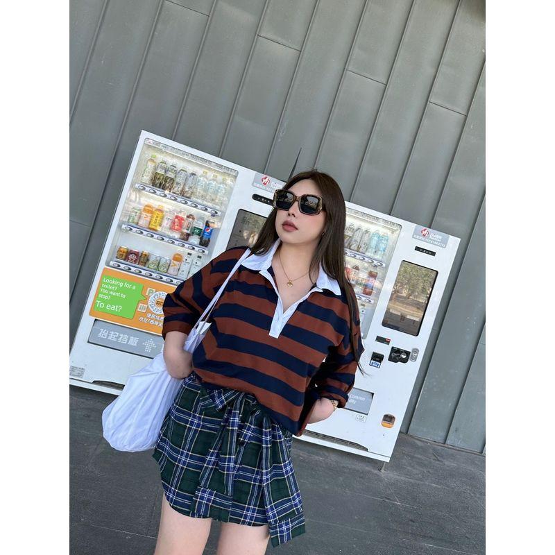 30% Off Miss Biggie European and American Plus Size Slimming Versatile Loose Combed Cotton Horizontal Stripe Polo Collar Long Sleeves Shirt