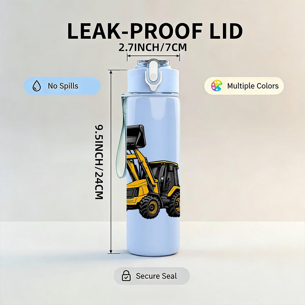 1PC Yellow Excavator Machine Pattern 750ml Color Plastic Sports Water Bottle Leakproof Flip Straw Lid Suitable for Sports Office Home Use