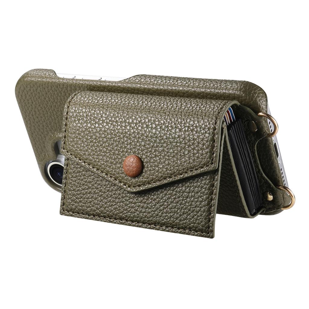 For iPhone 17 Pro Case Card Holder Kickstand PU Leather + PC Phone Cover with Mirror and Crossbody Lanyard