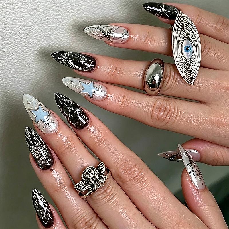 24 Uds. Uñas Postizas Almendra Azul Dulce y Fresco Patrón de Ondas Estrelladas Plateado Metálico Uñas Press-on Francesas Cobertura Total Puntas de Uñas Acrílicas