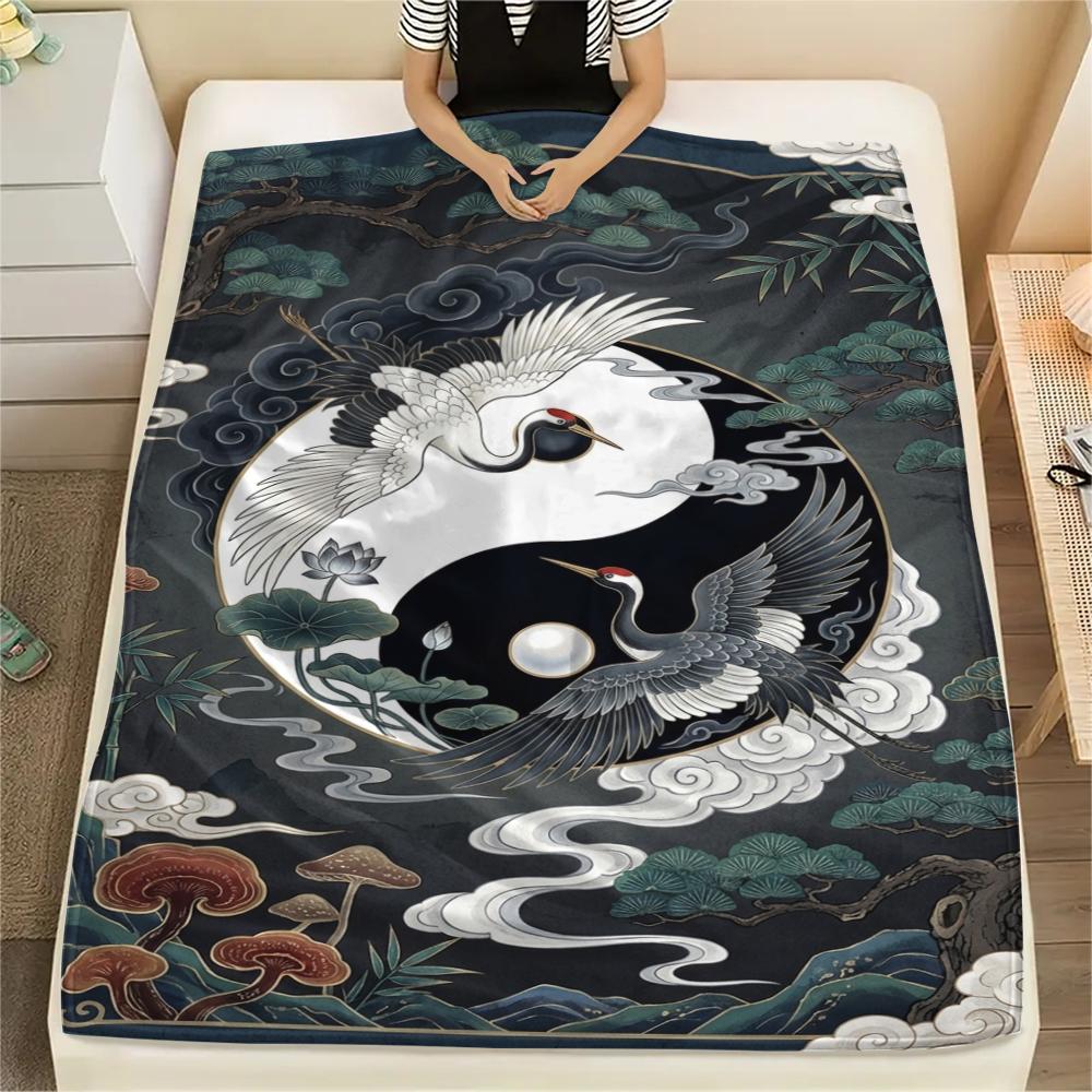 

1Pc crowned Crane Print Flannel Blanket, High quality Comfortable for All Seasons, Home Decor, Warmth and Comfort, Perfect for Christmas Gifts W98 80cm x 120cm