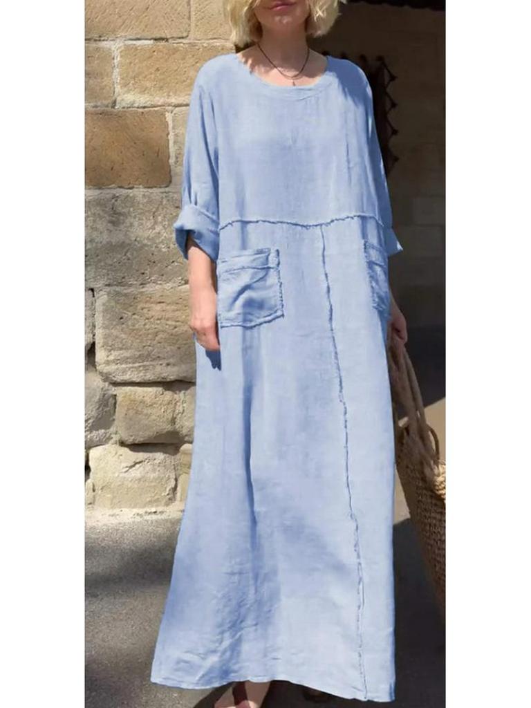 2026 Grenzüberschreitendes Sommer-Freizeitkleid für Damen, Rundhalsausschnitt, Baumwoll-Leinen, Langarm, mit Falten und doppelten Seitentaschen