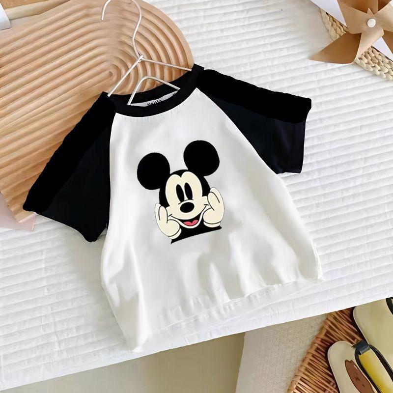 Kids Cotton Raglan Sleeve Cartoon T Shirt Summer Boys Girls Block Short Sleeve Top Multiple Patterns 80