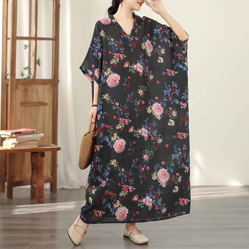 DIMANAF New 2026 Women Plus Size Spring Summer Beach Vintage Floral Print Black Long Dress Loose Oversize Maxi