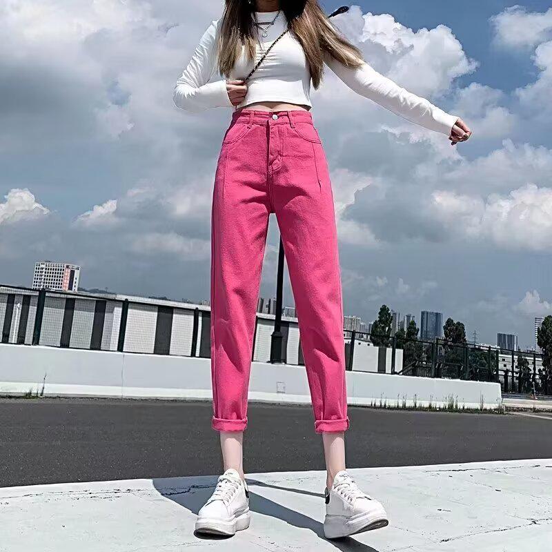 

2025 Весна и осень Большие размеры Свободный крой Женские шаровары Джинсы - Узкие брюки-каррот с девятью точками L розы красного