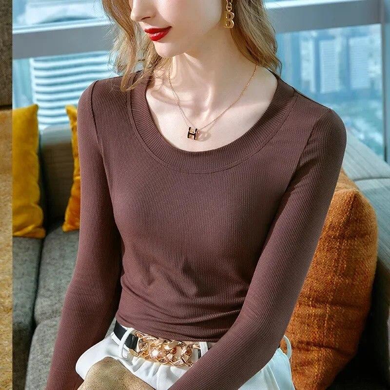 Autumn Round Neck Long Sleeve Knit T-shirt Women Casual Fashion Pullover T Shirt Woman Solid Bottom Inner Slim Ladies Tees 30276