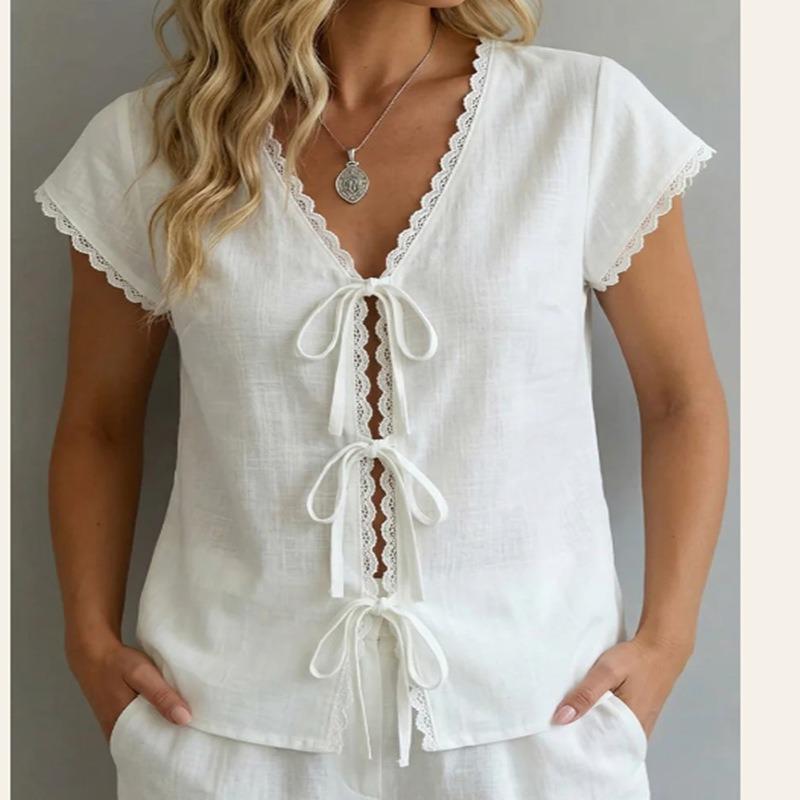 Women V Neck Short Sleeve Lace Trim Lace Up Solid Casual Blouse Top S