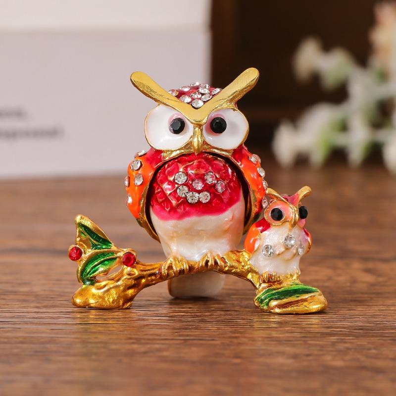 Owl Jewelry Box Small Figurine, Metal Handicraft, Luxury and Retro Style, Desktop Jewelry Box Figurine