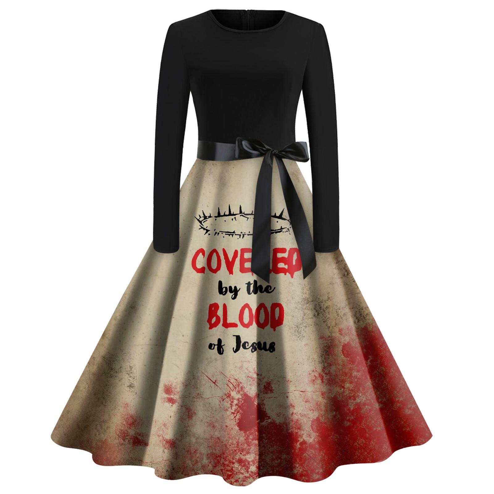 

Women Halloween Print Flare Dress Long Sleeve O-Neck Dress Party Casual Dresses XXL червоний