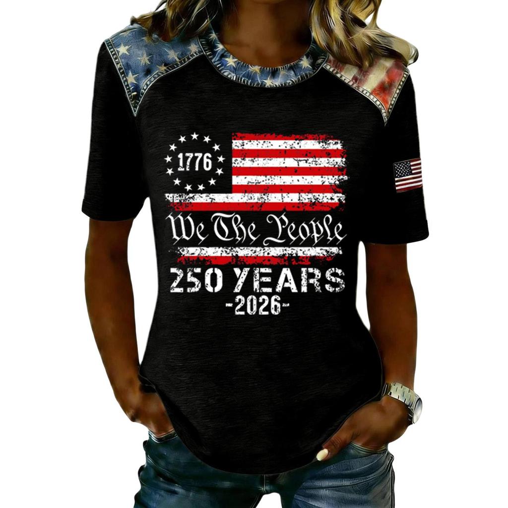 Women Casual Short Sleeve T Shirt Crew Neck Patriotic Letter Print Top Slim Fit Lightweight Tee for Everyday Wear