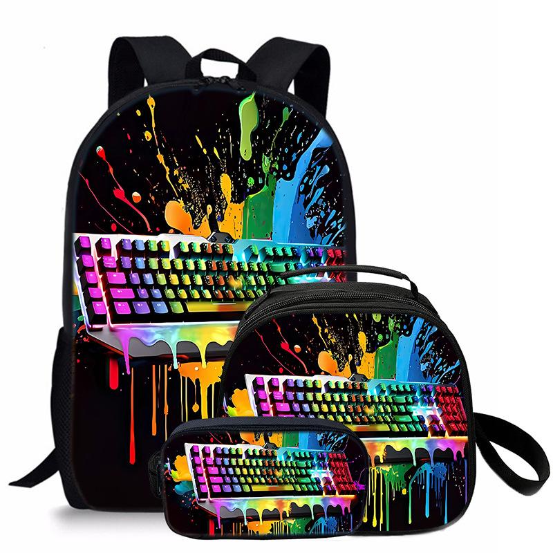 Trendy earphones keyboard mouse 3D Print 3pcs/Set Student School Bags Laptop Daypack Backpack Crossbody Lunch bag Pencil Case