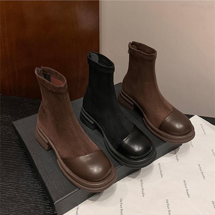 Elastic Sleeve Martin Boots Women's Autumn and Winter New Versatile Slim Short Boots Retro Thick Heel Boots