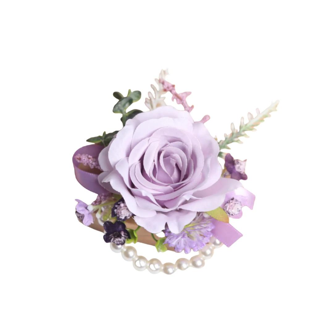 6pcs Rustic Artificial Rose Boutonniere Corsage Set Dusty Rose White Wristband Prom Suit Flowers for Wedding Ceremony