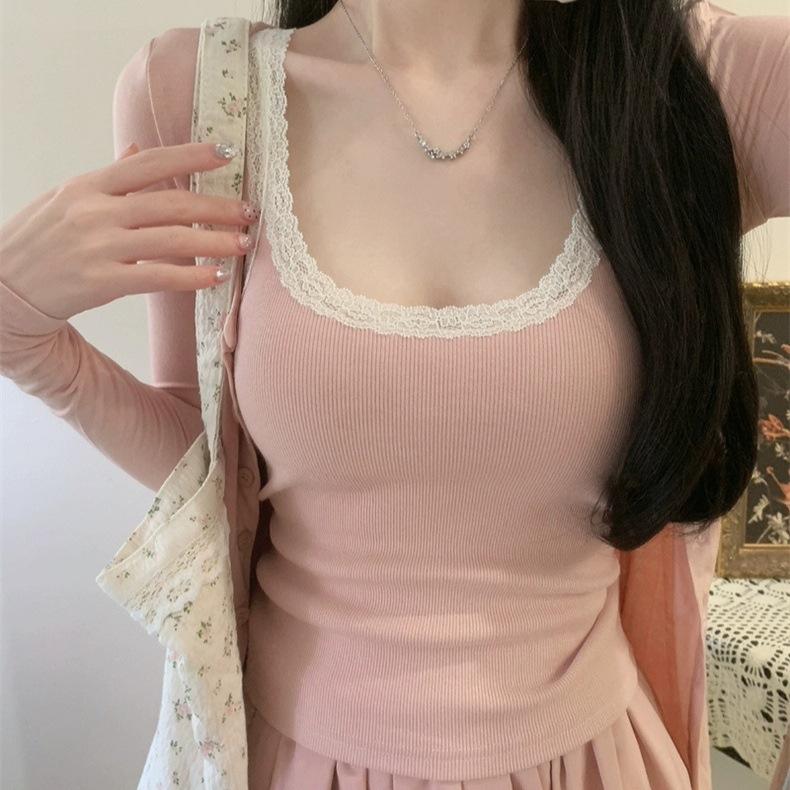#Early Autumn New Pure Lace Splicing U-neck Sling Vest Slim and Thin Women's Fixed Belt Chest Pad