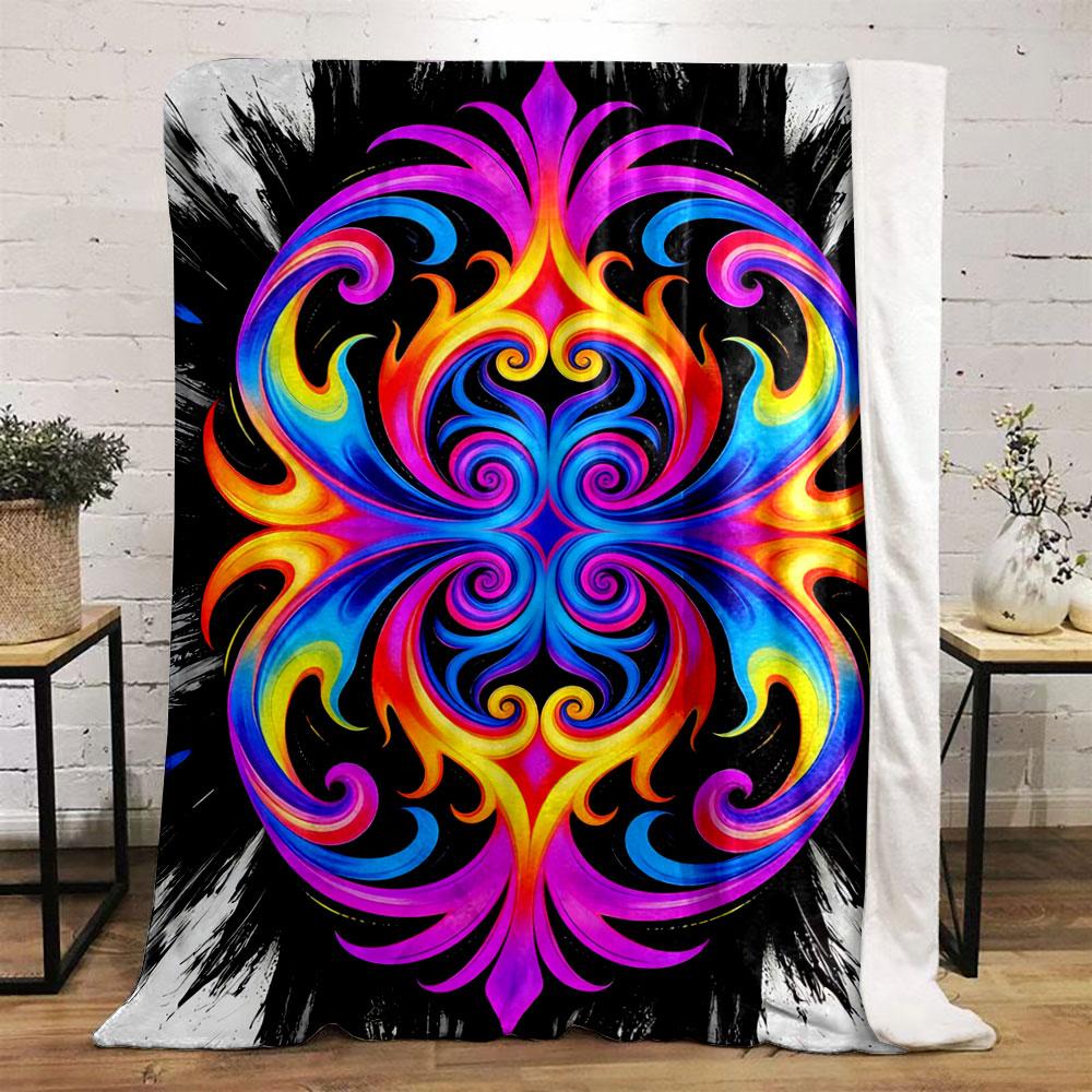 A vibrant, symmetrical swirl pattern with neon hues on a black background. for all seasons blanket lunch break throw gift