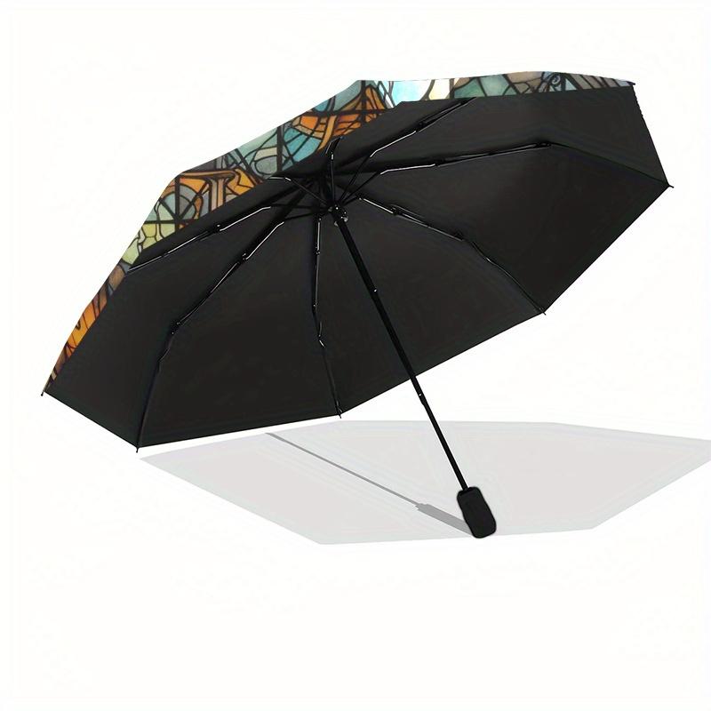 Halloween Stained Window Panel with Pumpkins and CandleUmbrella, Portable 3-Fold Compact Umbrella,Christmas Gift ES467