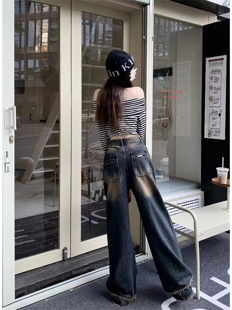 Women's High-Waist American Retro Distressed Wide-Leg Jeans for Spring