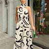 Women's Sleeveless Crew Neck Slimming Print Jumpsuit with Lace-up