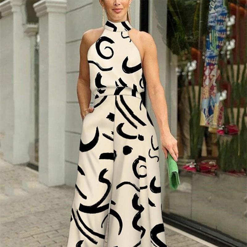 Women's Sleeveless Crew Neck Slimming Print Jumpsuit with Lace-up