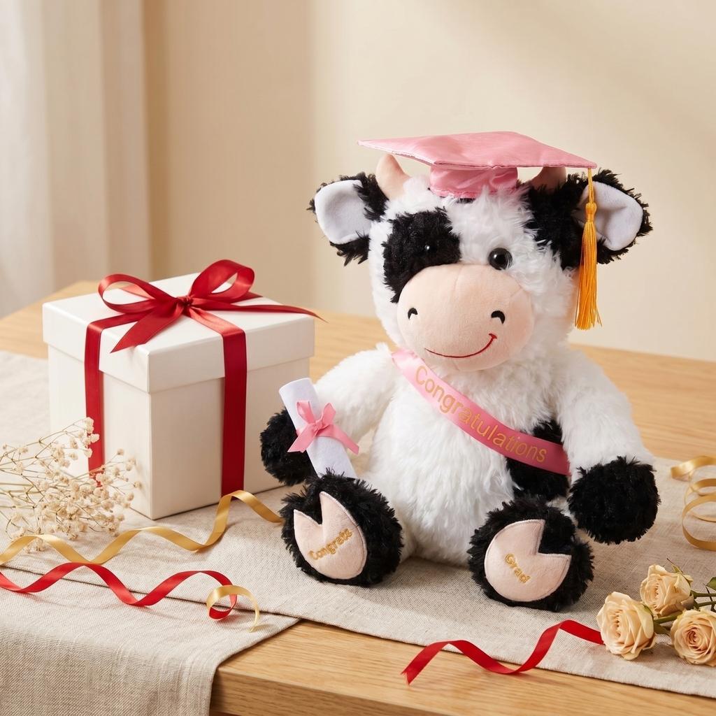 Plush Graduation Cow Toy Soft Stuffed Animal with Graduation Cap and Sash Holding Diploma for Graduation Celebration Gift