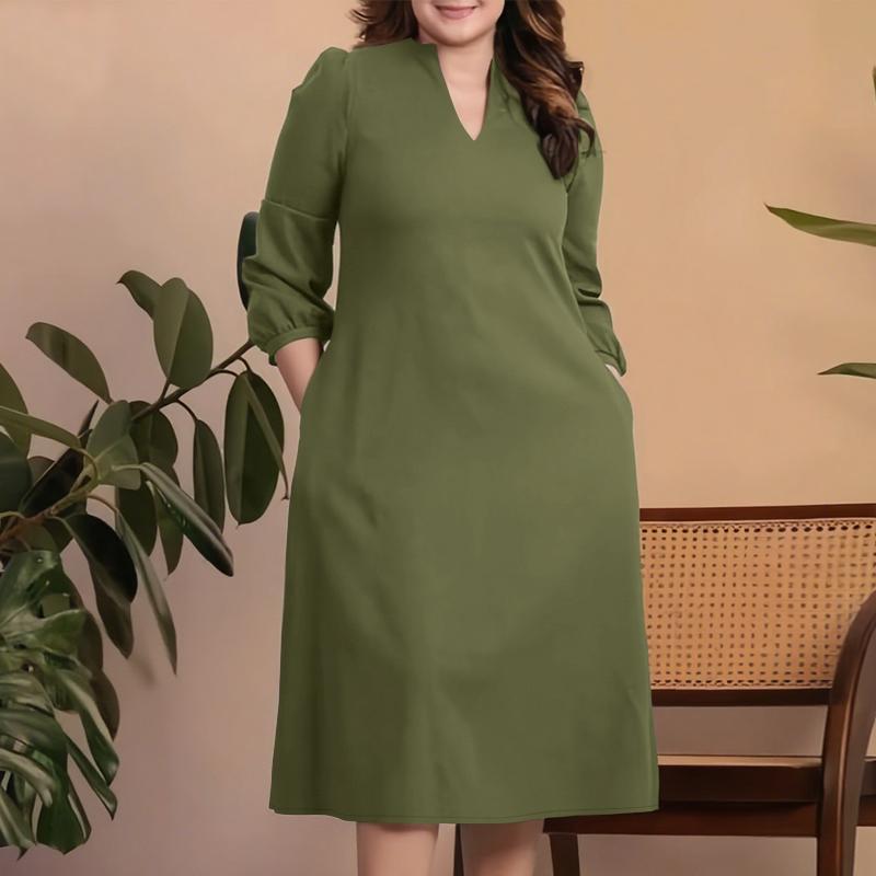 

ZANZEA Женское повседневное платье с V-образным вырезом, однотонное, летнее, с рукавом 3/4 5XL зелёный