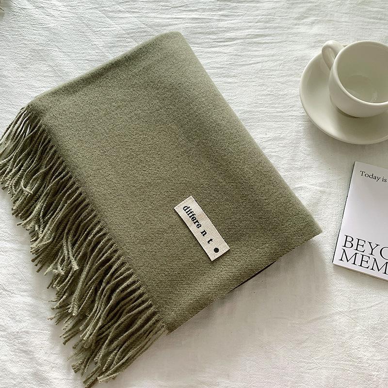 Flowing Fringe, Color-blocked, Simple Design, Faux Cashmere-like Scarf, Winter-thick, Cape-style, Student-friendly, Solid Color.