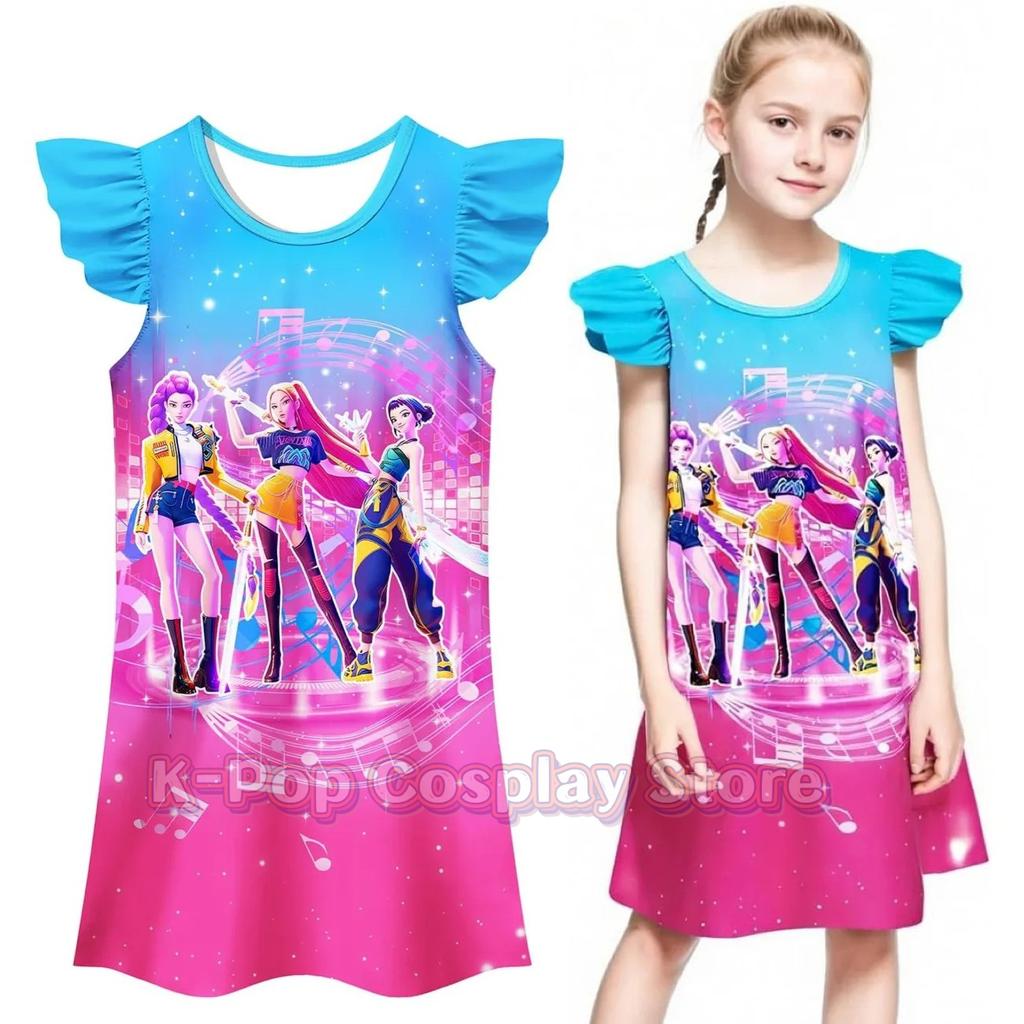 Huntrix Rumi Mira Zoey Kostümü Çocuklar Kpop İblis Avcıları Cosplay Elbisesi Bebek Kızlar için Yaz Geceliği Karnaval Partisi Vestidos