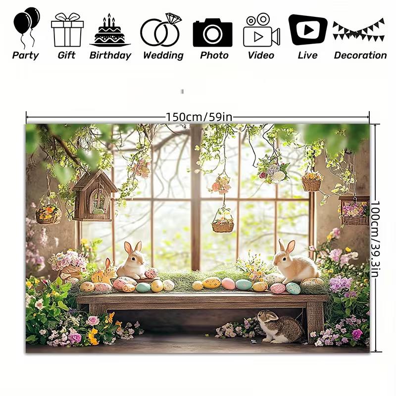 2D Happy Easter Backdrop Cloth 2D Print Floral Garden Bunny Living Room Wall Decor