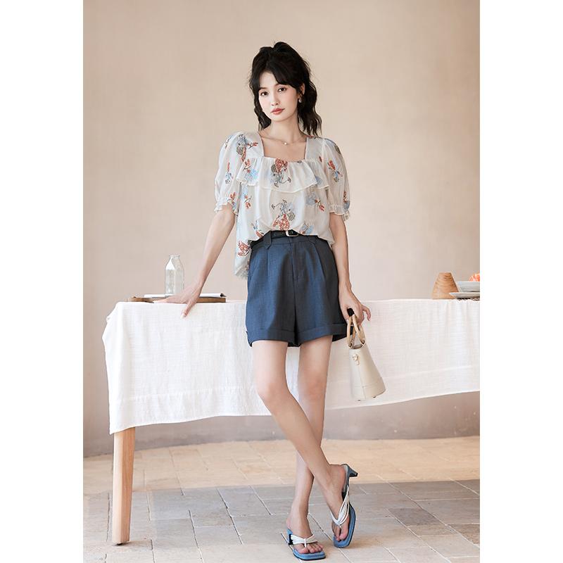 Mishow Women's Blouse 2023 Summer New Embroidery Puff Sleeve Chiffon Korean Fashion Square Collar Loose Pullover Female Tops MXC38X1278