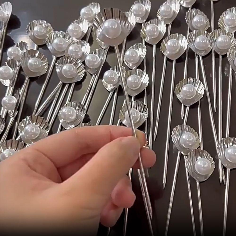 4Pcs 304 Stainless Steel Fruit Stick Shell Pearl Design Fruit Fork Cocktail Pick  Party