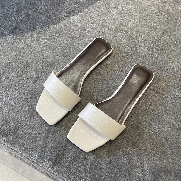 Ladies New Black White Flat Slippers Women Genuine Leather Peep Toe One Strap Mules Shoes Woman Summer Slides Comfort Clogs