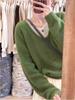 Korean Style Green V-Neck Knit Two-Piece Look Sweater - Women's Autumn/Winter Soft and Stylish Top