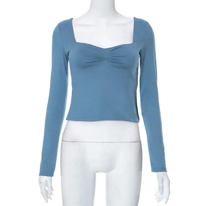 Autumn Y2K T-Shirts Solid Square Neck Long Sleeve Side Split Top Womens T-shirt For Women Streetwear Clothes 29669