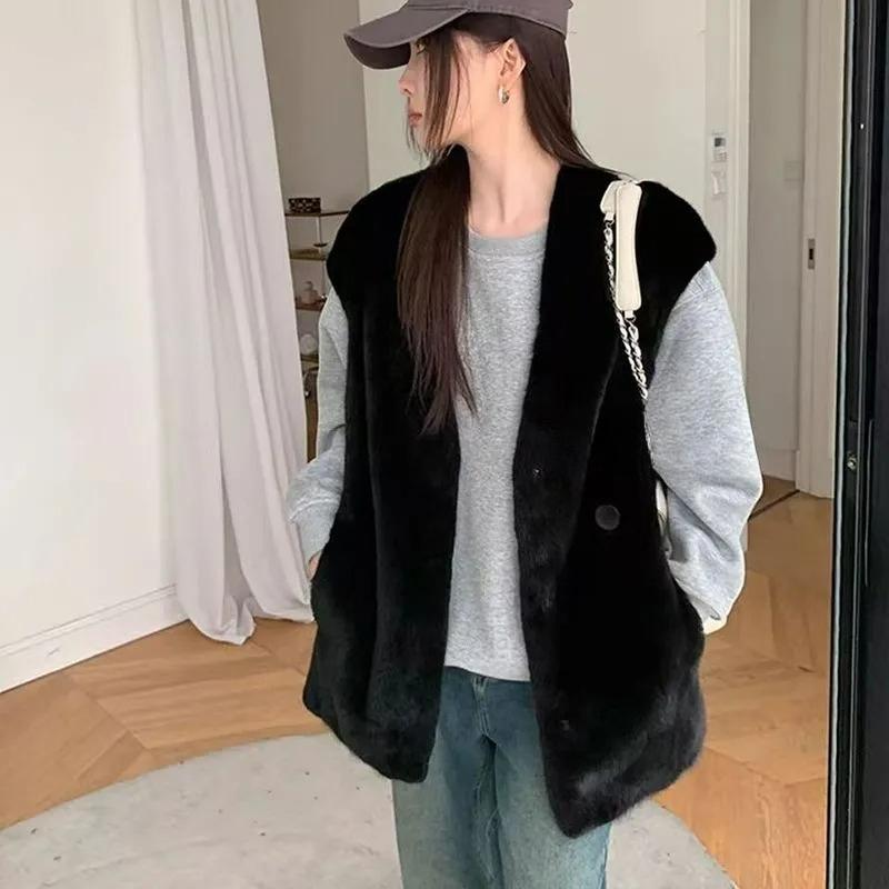 Autumn and Winter Imitation Mink Vest Women's Mid-length V-neck Mink Coat Loose Plus Cotton Thick Waistcoat