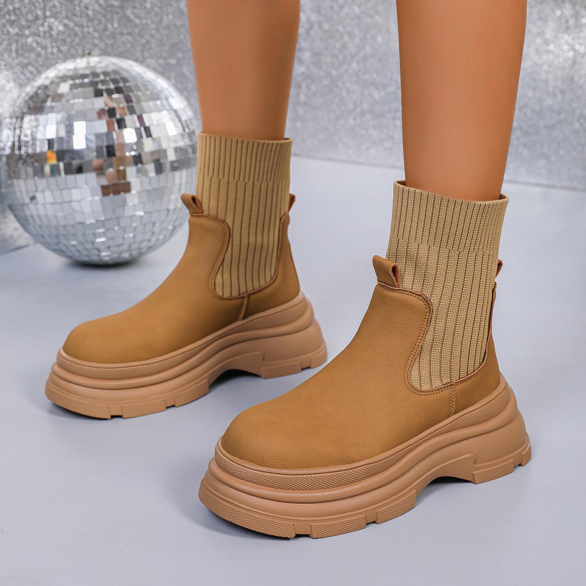 

Retro Khaki Thick Bottom Ankle Boots Women 2025 Winter Stretch Fabric Chelsea Boots with Platform Comfort Slip On Shoes 40 хаки