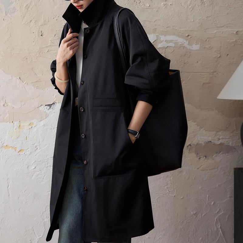 Classic Long-staple Cotton-blend Trench Coat Loose Lapel Mid-length High-end Spring and Autumn Women's Clothing Women's Coat