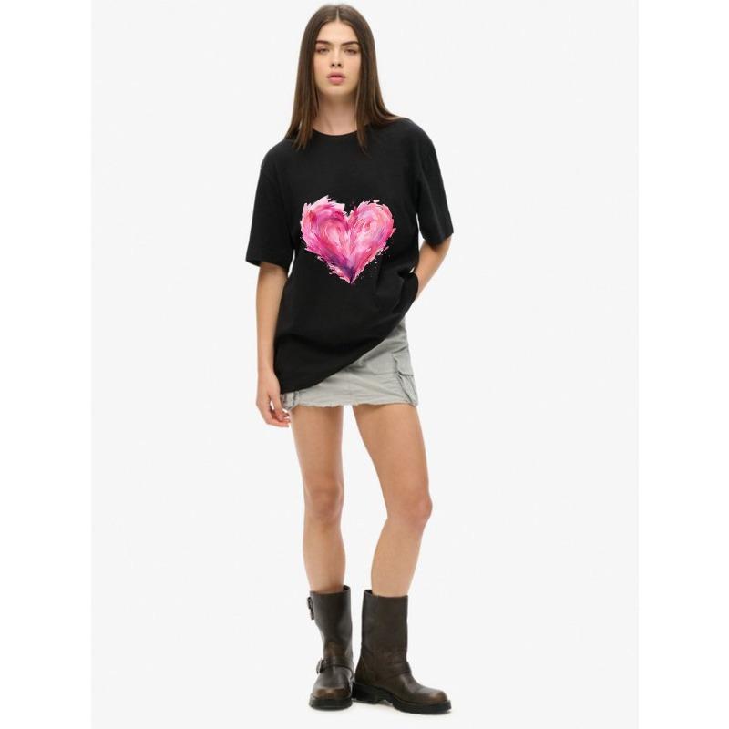 Oversized T Shirt Black Pink Watercolor Heart Print Casual Wear For Women