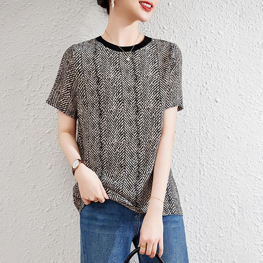 

Летняя новая шелковая футболка с круглым вырезом женская полосатая модная с коротким рукавом из тонкого шелка-тутового шелкопряда XXL