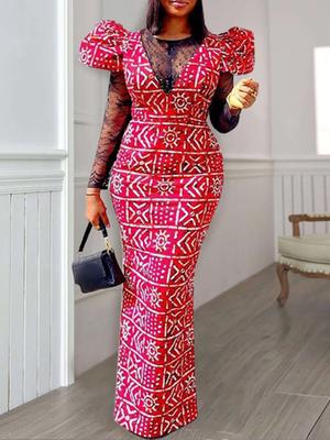 Printed Long Party Dresses for Women Red Black Lace Patchwork O Neck  See Through Vintage Elegatn Celebrate Occasion Gowns Retro