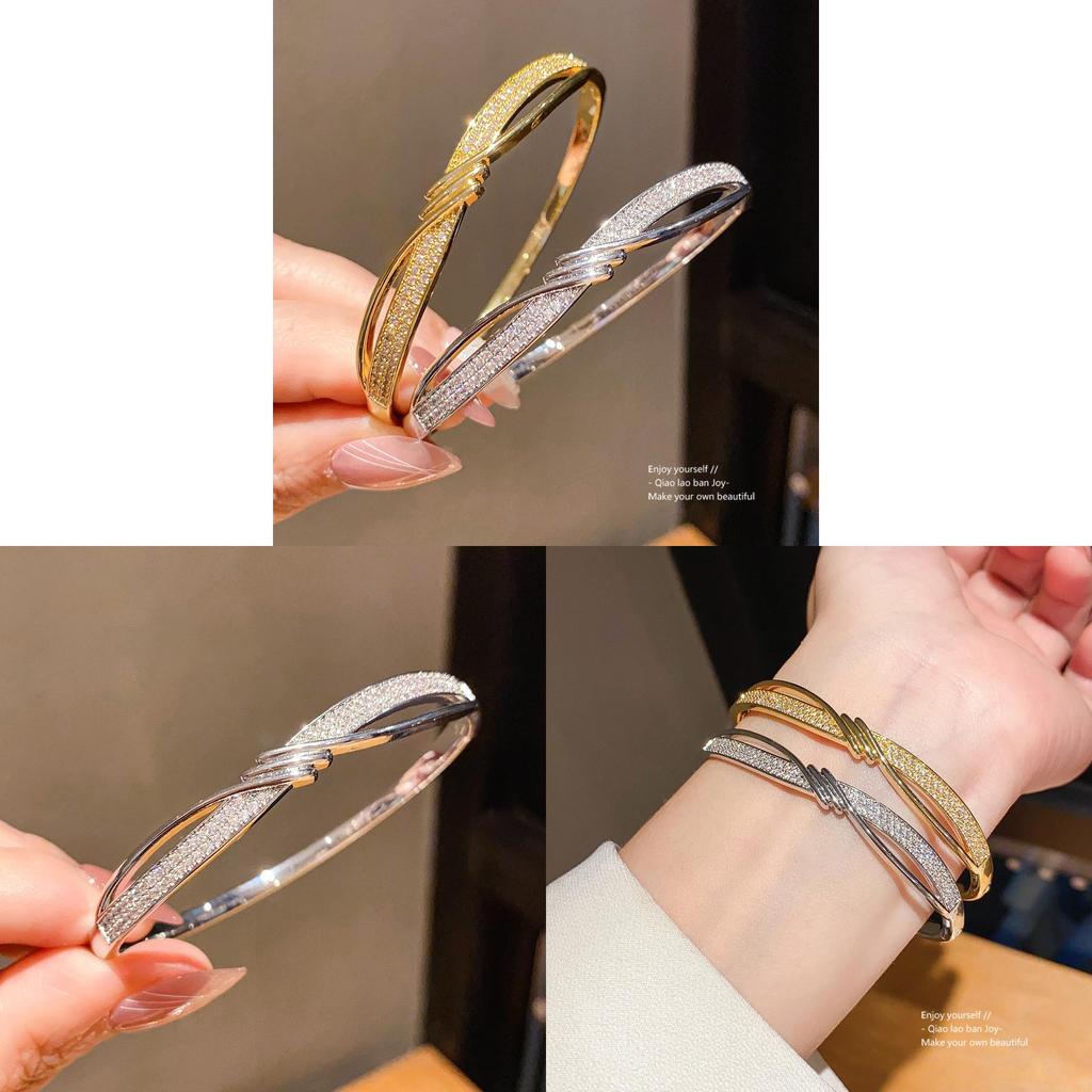 Copper Zircon Wave Pattern Bangle With Gold Plating For Fashionable Women