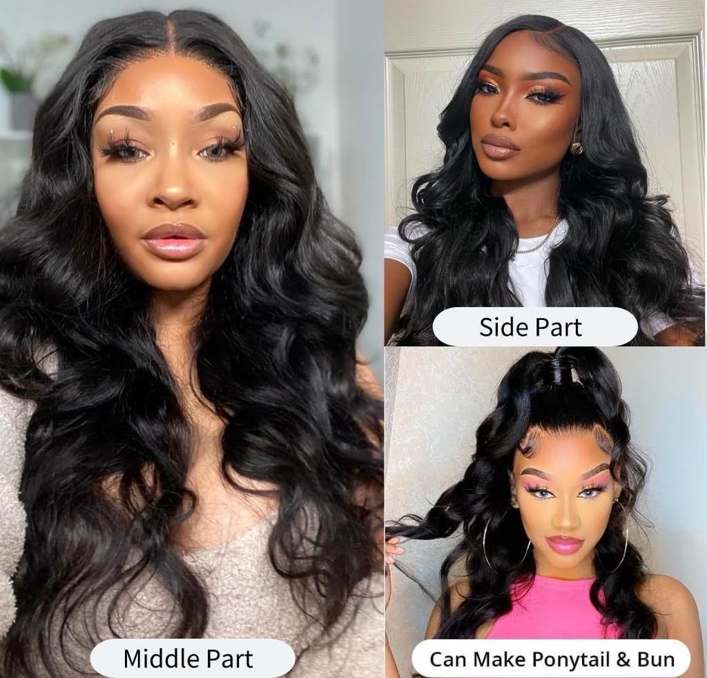 Women's front lace chemical fiber headgear black medium-parted long straight hair large waves ready-made wig