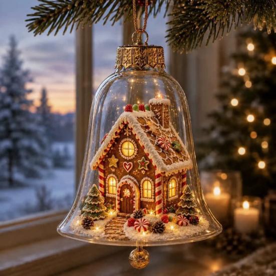 Holiday Home Atmosphere Enhancements 3D Christmas Bell Ornament, Winter Scene Clear Decoration with Santa Immersive Wonderland Ornaments Snowman