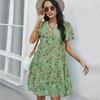 Floral Print Chiffon Dress Women V Neck Short Sleeve Casual Summer Spring