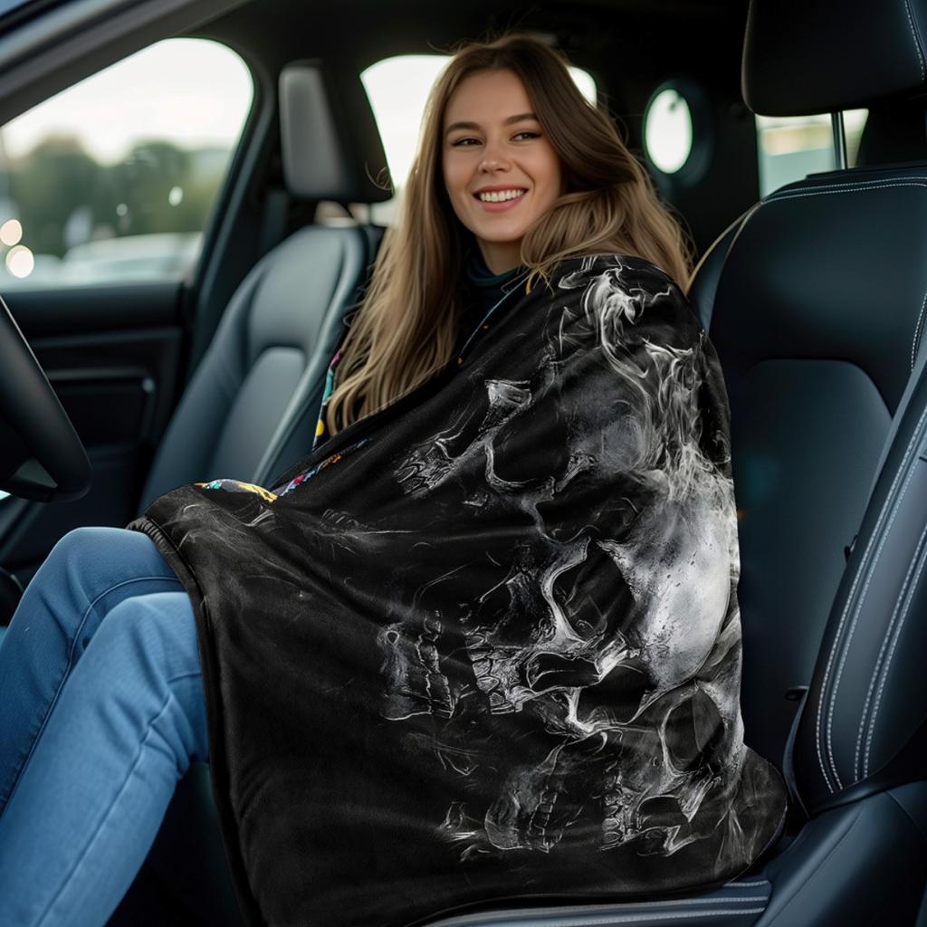 Black Skull with Smoky Effect Print Art Blanket - Soft All-Season Multi-Purpose Throw for Sofa, Travel, Camping, Office & Bed
