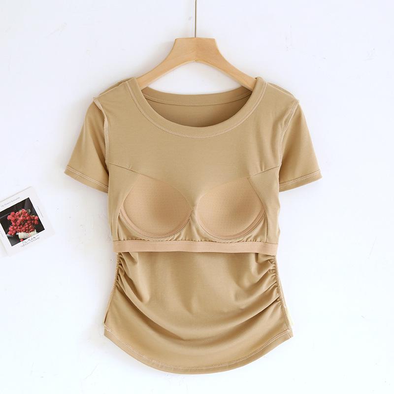 Tricou pentru femei cu mânecă scurtă, cu pernuțe pentru sâni, gât rotund și tiv cu coadă de rândunică