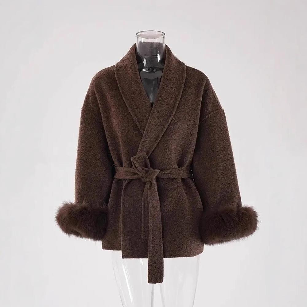 2025 Women's Short Fox Fur Wool Coat - Double-Sided Bathrobe Style