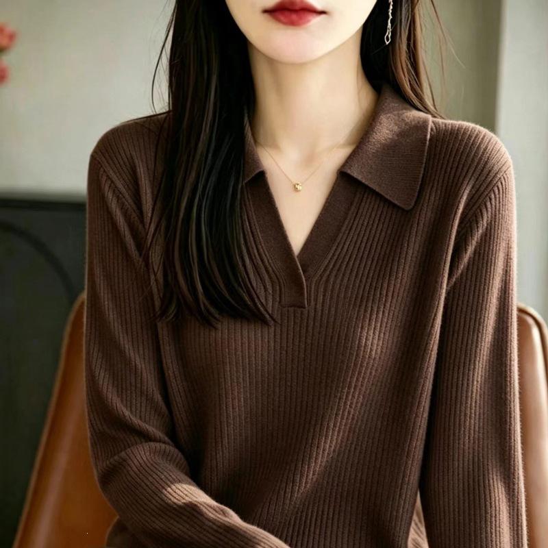 Women S Knit Polo Neck Long Sleeve Sweater Casual Versatile Base Layer
