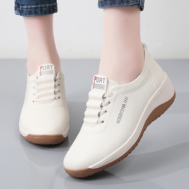 Women Platform Loafers Casual Elegant Leather Khaki Sneakers Thick Sole Height Increase Shake Shoes Large Size